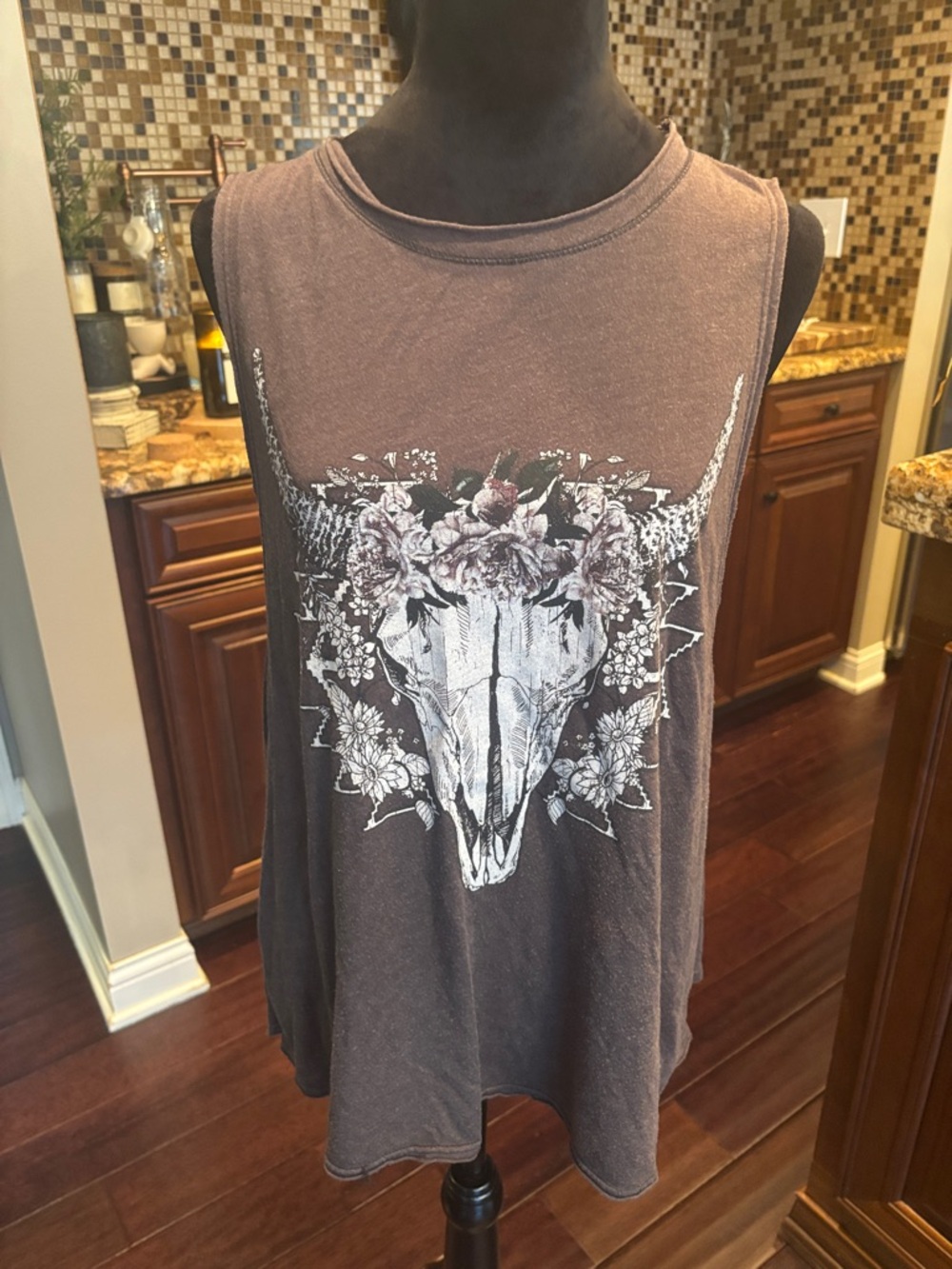 Floral Bull Skull Sleeveless Tank Top - Brown